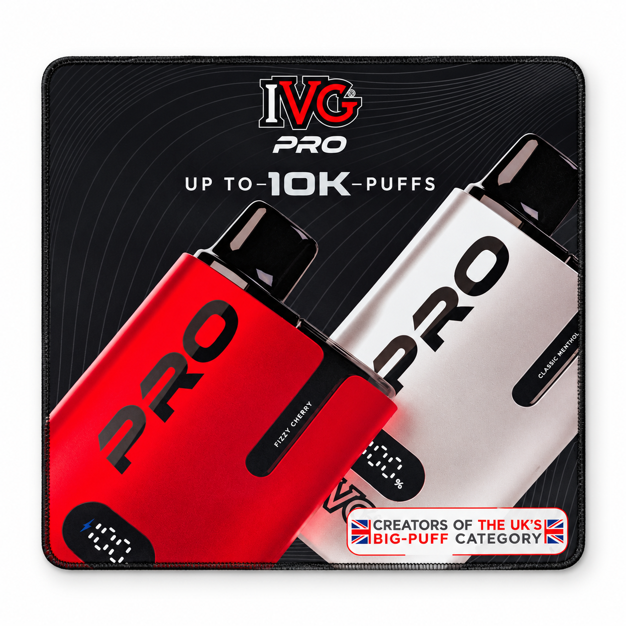 Black IVG PRO branded counter mat featuring red and silver PRO vape device artwork, bold IVG branding and stitched edging.