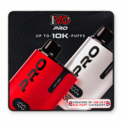 Black IVG PRO branded counter mat featuring red and silver PRO vape device artwork, bold IVG branding and stitched edging.