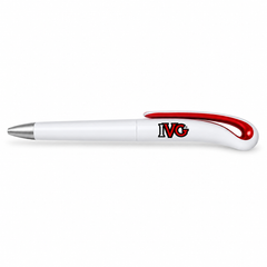 White IVG branded ballpoint pen with red curved clip, silver tip and official IVG logo.